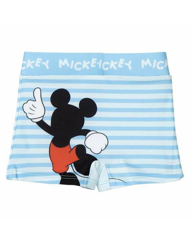 Young boy wearing Mickey Mouse boys' swim trunks, colorful watersport shorts featuring Mickey Mouse for outdoor swimming and water fun.