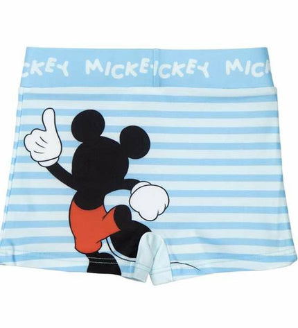 Yellow boys' Mickey Mouse swim trunks for sports and watersports, featuring a Mickey Mouse print and elastic waistband.