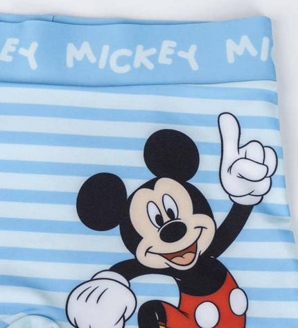 Boy's Mickey Mouse swim trunks, sporty and colorful, designed for watersports and outdoor activities.