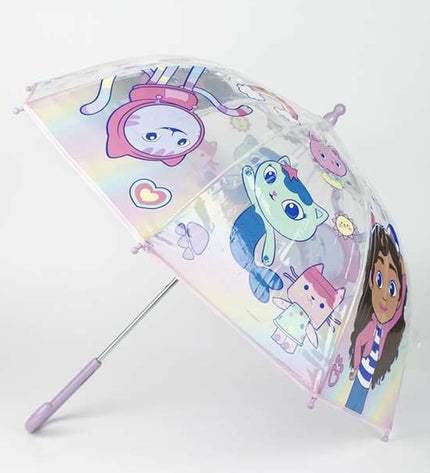 Pink Gabby's Dollhouse umbrella in a 45 cm size, featuring a fun bagage design with colorful patterns and a sturdy handle.
