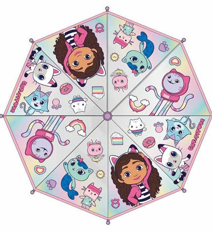 Pink Gabby's Dollhouse umbrella in a 45 cm size, designed as a fun bagage or paraplu with colorful dollhouse-themed pattern.