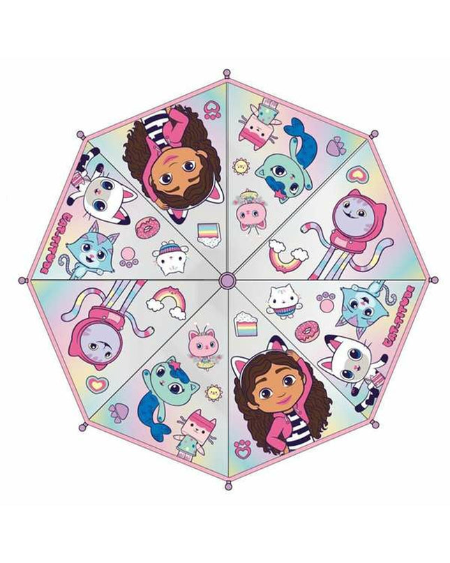 Pink Gabby's Dollhouse umbrella in a 45 cm size, designed as a fun bagage or paraplu with colorful dollhouse-themed pattern.