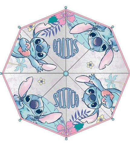 Pink Stitch 45cm luggage umbrella open with fabric canopy and sturdy handle.
