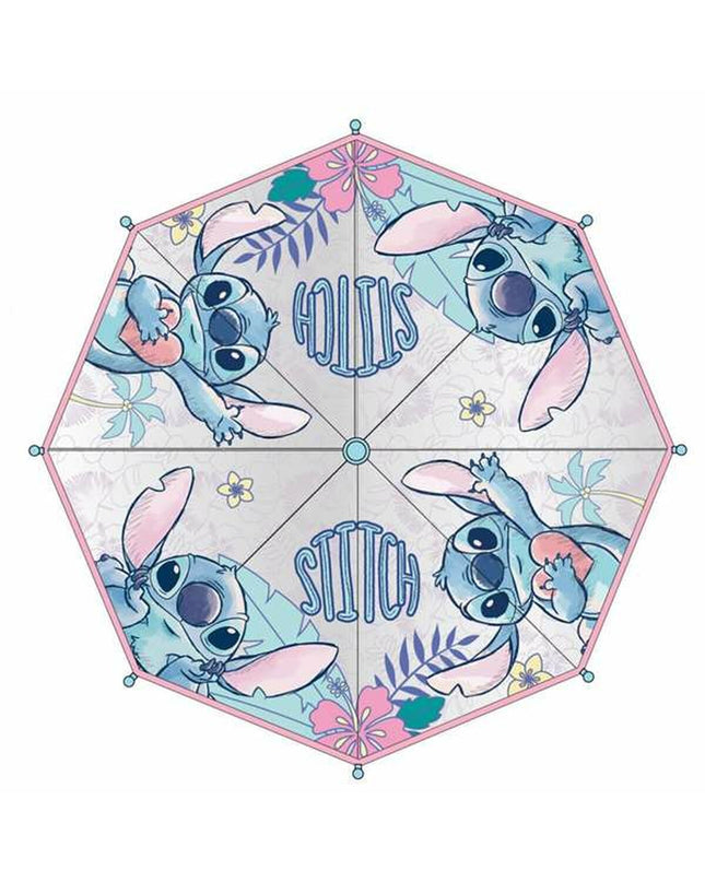 Pink Stitch 45cm luggage umbrella open with fabric canopy and sturdy handle.