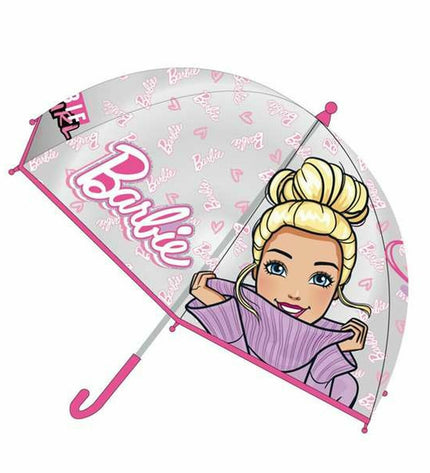 Pink Barbie umbrella measuring 45 cm, designed as a luggage accessory, featuring a colorful Barbie-themed pattern.