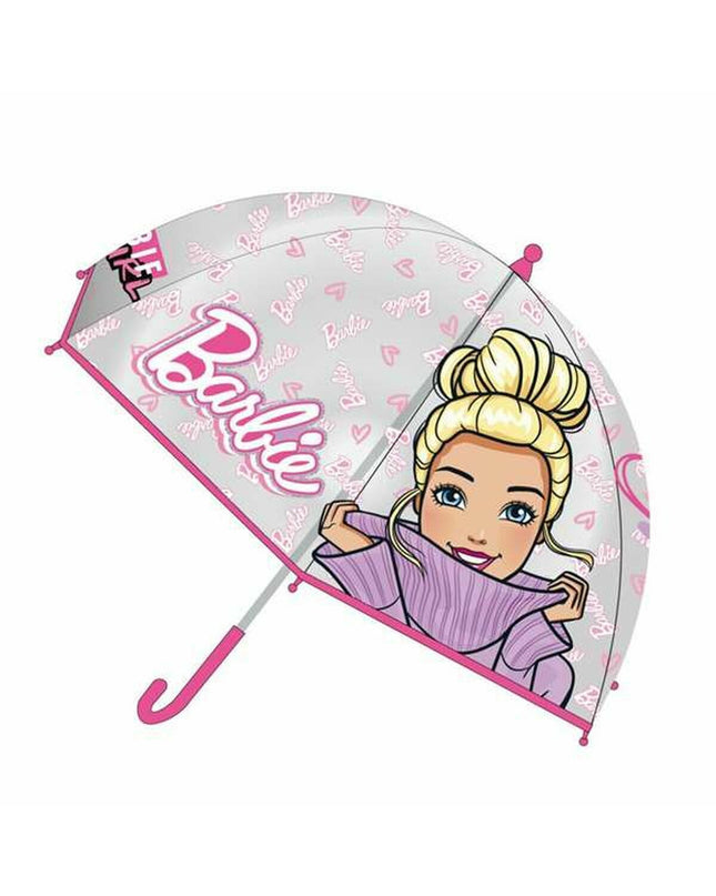 Pink Barbie umbrella measuring 45 cm, designed as a luggage accessory, featuring a colorful Barbie-themed pattern.
