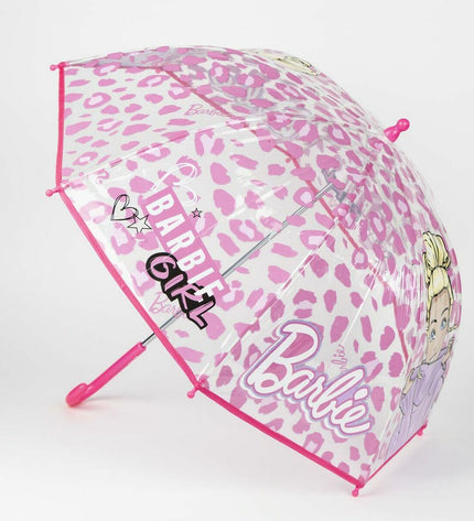 Pink Barbie umbrella, 45 cm, designed for luggage and rain protection, featuring Barbie branding and a compact, foldable design.