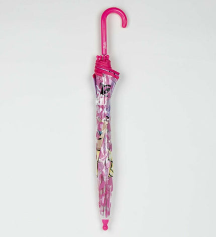 Pink Barbie umbrella with 45 cm size, designed for luggage and rain protection, featuring a vibrant Barbie branding and pattern.