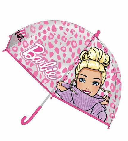 Pink Barbie umbrella for luggage, 45 cm, featuring Barbie branding and a compact design suitable for travel and carry-on.