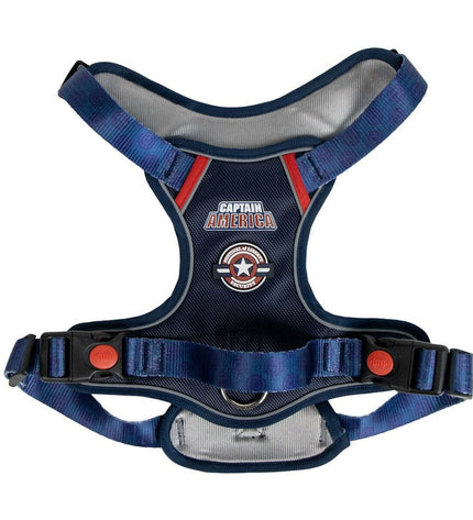 Marvel dog harness with adjustable straps and Marvel branding, designed for comfortable and secure fit for pets.