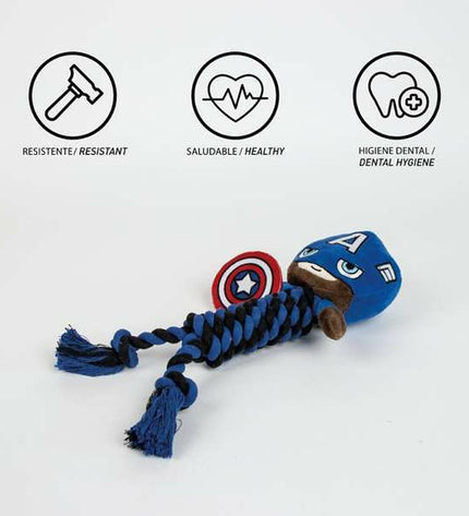 Blue Marvel dog chew toy made of durable material, measuring 9.5 x 30 x 9.5 cm, designed for canine chewing and play.