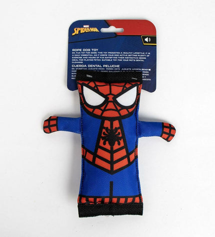 Spider-Man dog chew toy in red and blue with Spider-Man logo, measuring 18 x 20 x 3 cm, made for dogs.