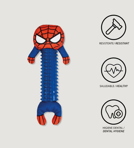 Red Spider-Man dog chew toy measuring 11x30x9 cm, made for dogs, featuring Spider-Man design and durable material.