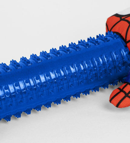 Red Spider-Man dog chew toy measuring 11 x 30 x 9 cm, made of durable material, designed for dogs to chew and play.