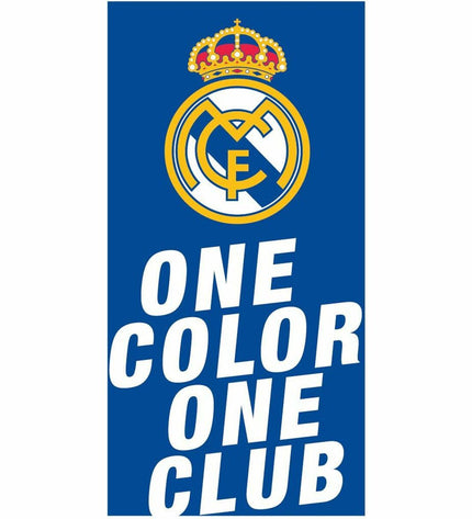 Real Madrid C.F. blue beach towel with 70x140 cm size, ideal for bath or pool use, featuring the team logo and vibrant design.