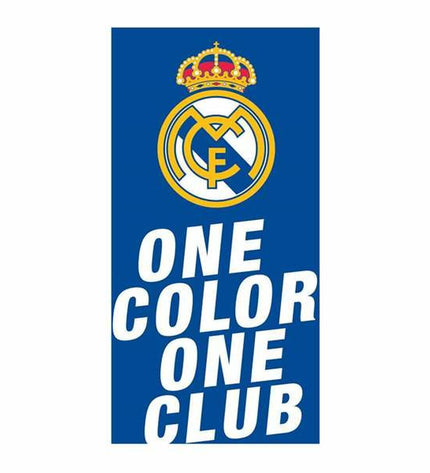 Real Madrid C.F. blue beach towel with team logo, 70 x 140 cm, ideal for home, bathroom, or poolside use