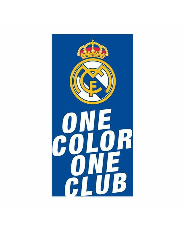 Real Madrid C.F. blue beach towel with team logo, 70 x 140 cm, ideal for home, bathroom, or poolside use