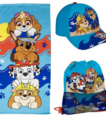Blue Paw Patrol beach towel with character designs, measuring 33 x 27 cm, for home, bath, or pool use.