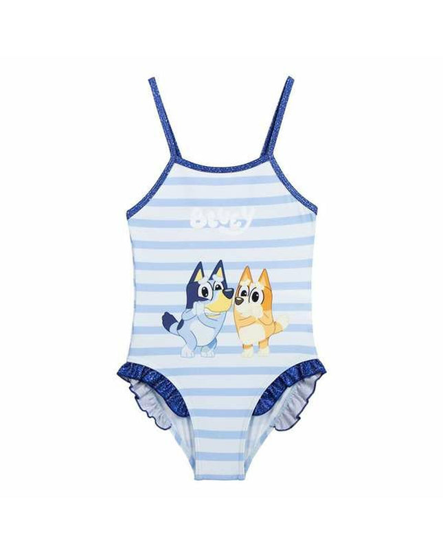 Bluey girls' light blue swimsuit for water sports and outdoor activities, featuring a comfortable, sporty design.