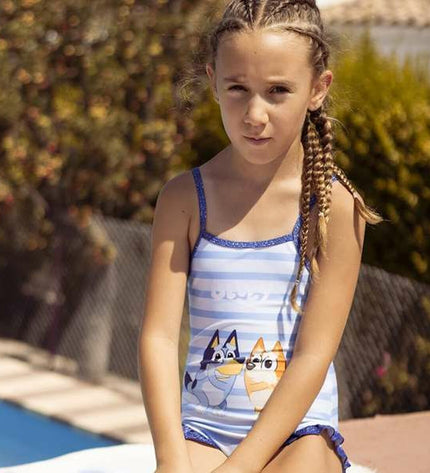 Bluey girls' light blue swimsuit for sports and watersports, featuring a comfortable fit and vibrant water-friendly design.