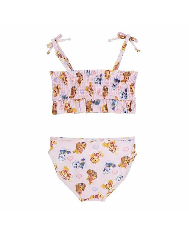 Pink Paw Patrol bikini top for sport and watersports, featuring playful Paw Patrol characters and vibrant light pink color.