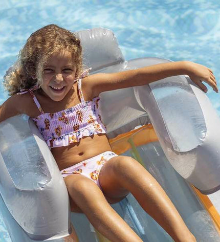 Pink Paw Patrol bikini top featuring playful paw print design, ideal for kids' sport and outdoor watersports activities.