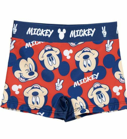 Red Mickey Mouse children's swimwear, sporty waterproof rash guard for kids, featuring Mickey Mouse design for watersports.