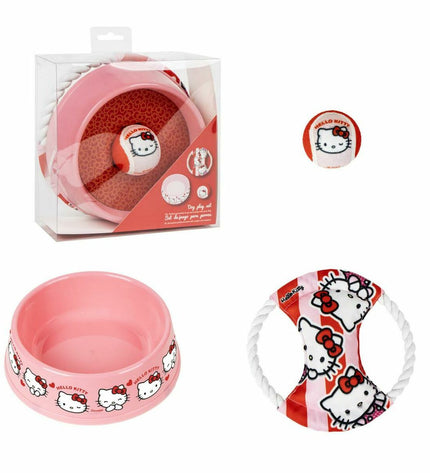 Hello Kitty dog welcome gift set with three parts, pink dog accessories, compact size, ideal for new pet owners.