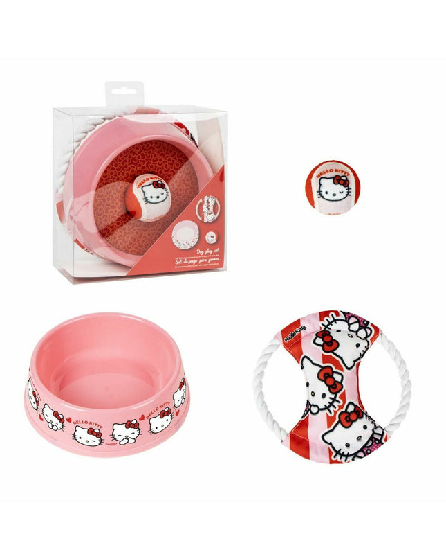 Hello Kitty dog welcome gift set with three parts, pink dog accessories, compact size, ideal for new pet owners.