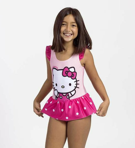 Light pink Hello Kitty girls' swimsuit for sports and watersports, featuring a cute Hello Kitty design.