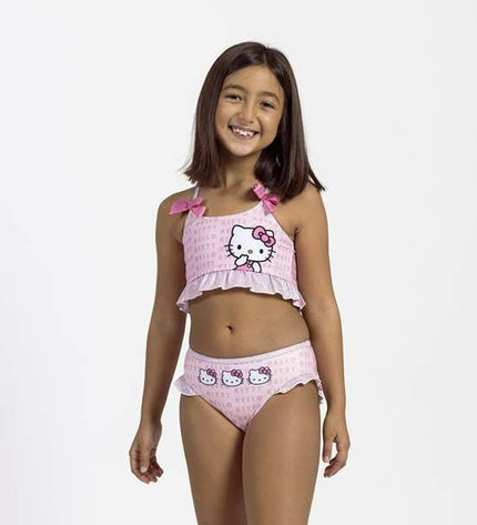 Pink Hello Kitty bikini for sport and watersport activities, featuring a cute Hello Kitty design and lightweight, comfortable fabric.