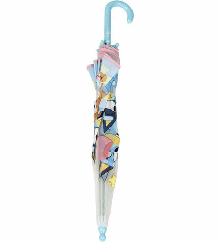 Bluey blue umbrella with 71 cm diameter and 45 cm height, compact bagage umbrella with a sturdy canopy and handle.