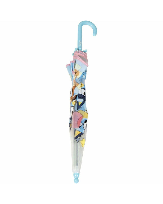 Bluey blue umbrella with 71 cm diameter and 45 cm height, compact bagage umbrella with a sturdy canopy and handle.