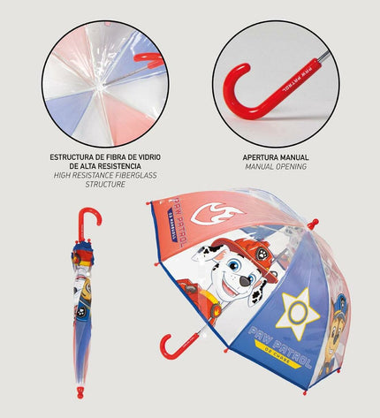 Blue Paw Patrol umbrella for luggage, 71 cm diameter, featuring Paw Patrol characters and a 45 cm handle.