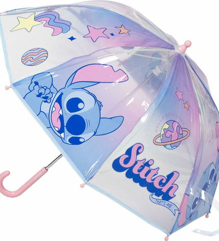 Stitch blue umbrella with 71 cm diameter and 45 cm height, compact bagage umbrella featuring a sturdy handle and vibrant design.