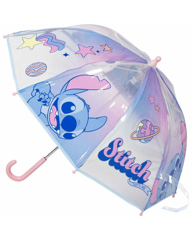 Stitch blue umbrella with 71 cm diameter and 45 cm height, compact bagage umbrella featuring a sturdy handle and vibrant design.