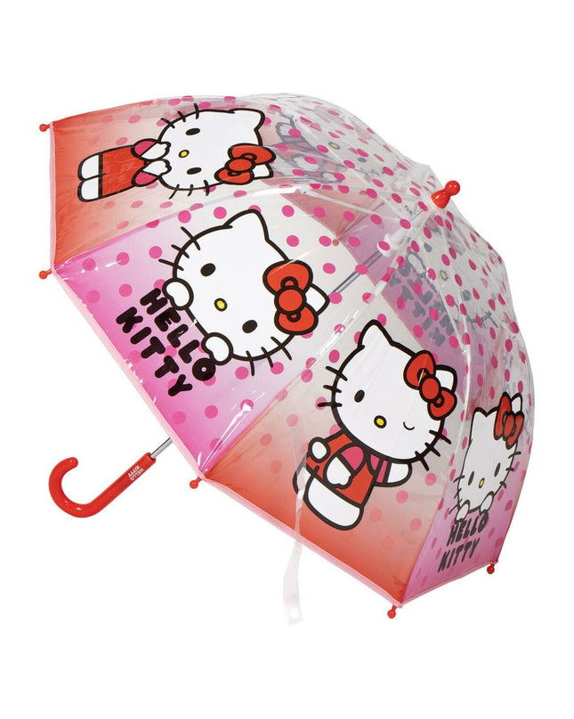 Hello Kitty pink umbrella with 45 cm diameter, compact bagage umbrella featuring Hello Kitty character and floral design.