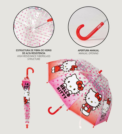 Hello Kitty pink umbrella with 45cm diameter, featuring a colorful printed design, suitable for luggage or rain protection.