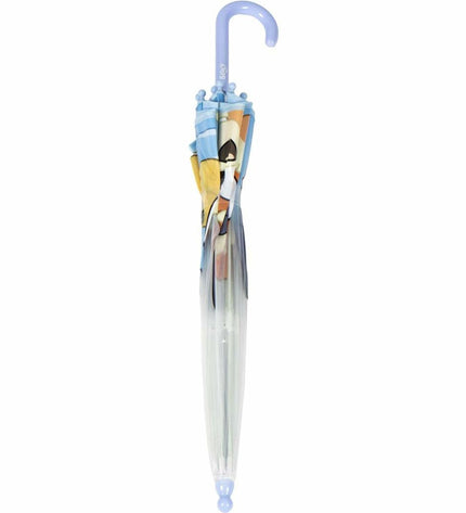 Bluey brand blue umbrella with 71 cm diameter and 45 cm handle, compact and lightweight for travel or everyday use.
