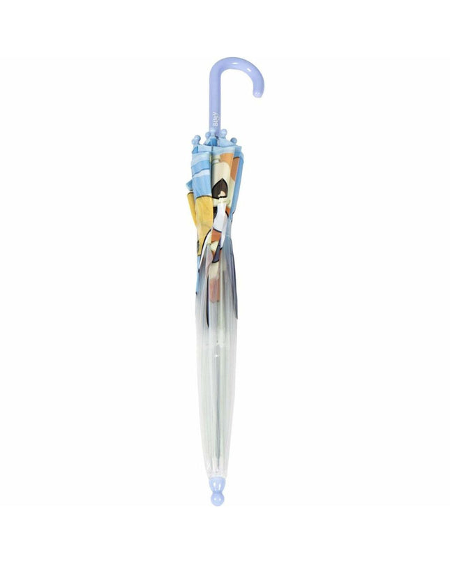 Bluey brand blue umbrella with 71 cm diameter and 45 cm handle, compact and lightweight for travel or everyday use.