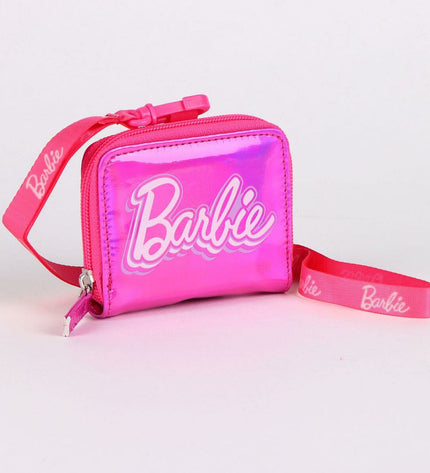 Fuchsia Barbie wallet with cardholder and zipper, trendy portable purse featuring the iconic Barbie branding.