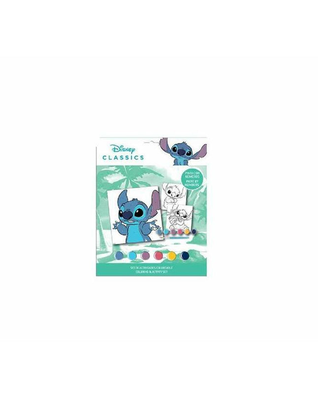 Stitch Verf en Kleuren Spel speelgoed en creatieve activiteit featuring colorful paints and brushes for kids' art projects.