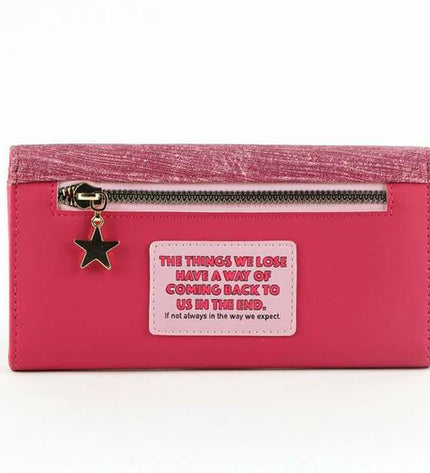 Harry Potter fuchsia wallet with cardholder and zipper compartment, featuring Hogwarts-themed design and branding.