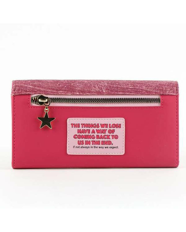 Harry Potter fuchsia wallet with cardholder and zipper compartment, featuring Hogwarts-themed design and branding.