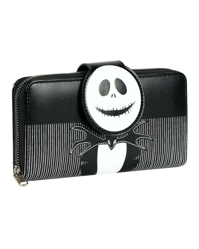 Black The Nightmare Before Christmas wallet showing cartoon characters, with card slots and a compact design.