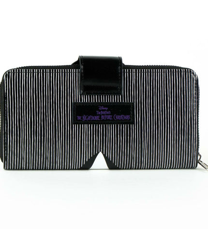 Black Nightmare Before Christmas wallet with cartoon character design, featuring card slots and a zipper closure.