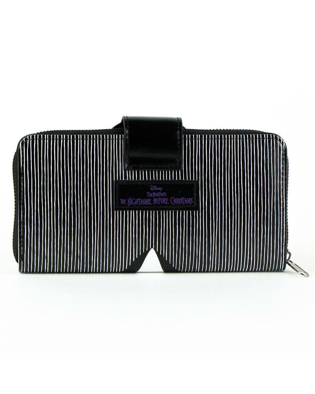 Black Nightmare Before Christmas wallet with cartoon character design, featuring card slots and a zipper closure.