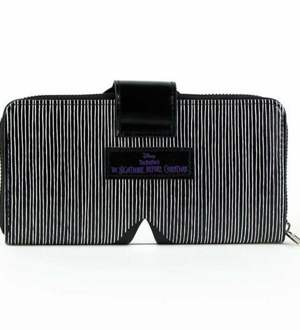 Black The Nightmare Before Christmas wallet featuring themed designs, made of durable material with card slots and a secure zipper.