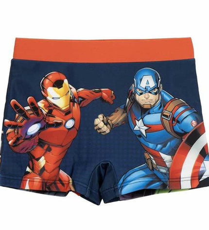 Dark blue Avengers children's swimwear, sporty and suitable for watersports, with superhero design on the front.