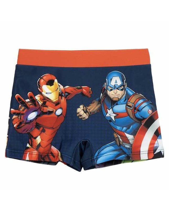 Dark blue Avengers children's swimwear, sporty and suitable for watersports, with superhero design on the front.